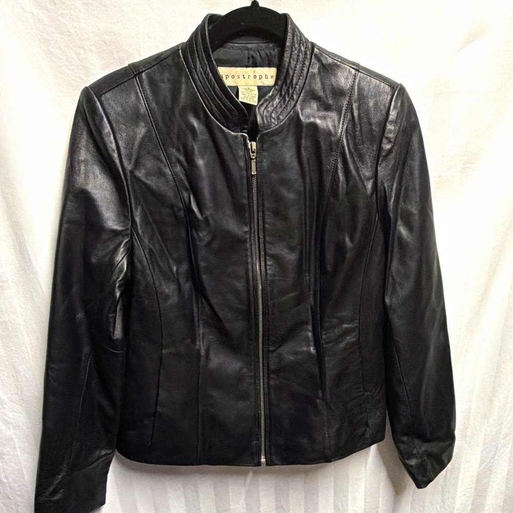 Vtg Y2K Apostrophe Black Leather Jacket Women 10 Minimalist Full Zip Front Moto